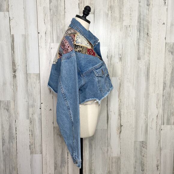 Carmar Tapestry Crop Jean Jacket Blue Denim LF Lace Boxy Festival Boho Size XS - Picture 4 of 9